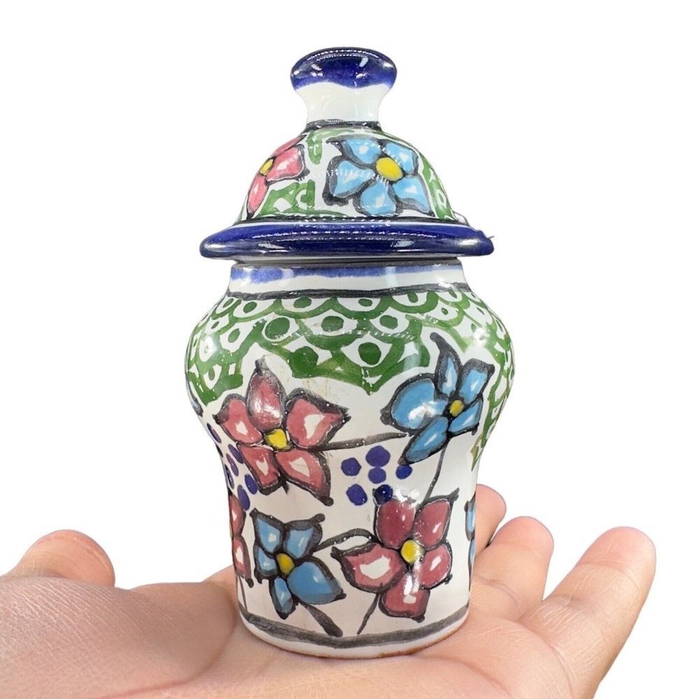 Mexico Art Pottery Talavera Small Jar Canister With Lid Hand Painted Flowers VTG